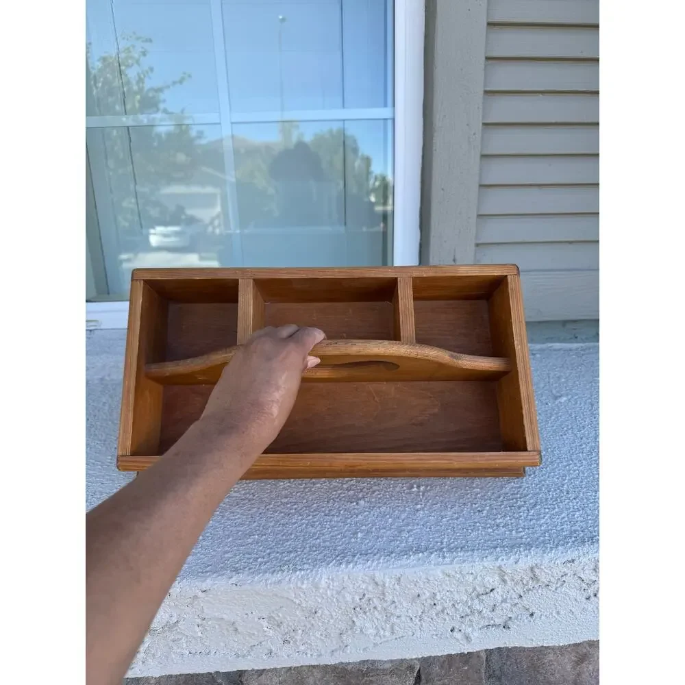 vintage country primitive wooden storage caddy with heart cutout handle 80s 90s